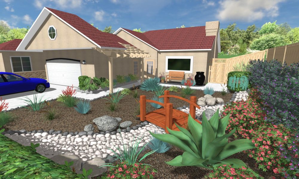 Creative Xeriscape design with dry river bed for a residential villa in California, USA